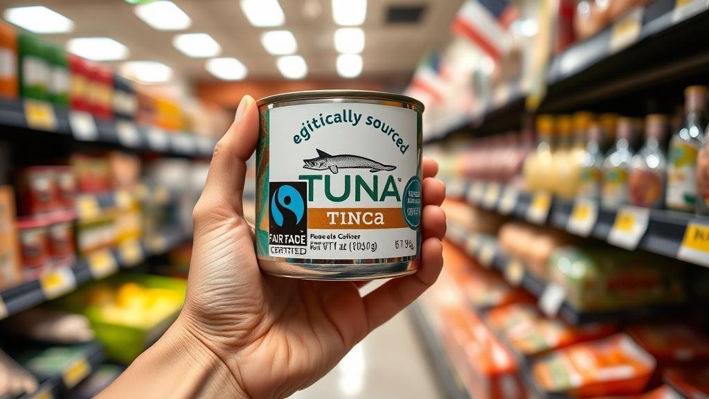 A consumer's hand holding a can of ethically sourced tuna with a visible 'Fair Trade Certified' label in a grocery store. The image should be bright and optimistic, representing the power of conscious consumerism to drive positive change.