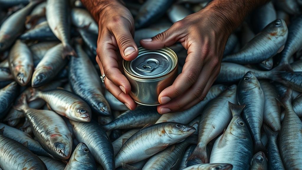 A split-screen image. On one side, a bright, clean grocery store aisle with shelves stocked with canned tuna. On the other side, a dark, grimy scene depicting the brutal and exploitative labor conditions on a fishing vessel.