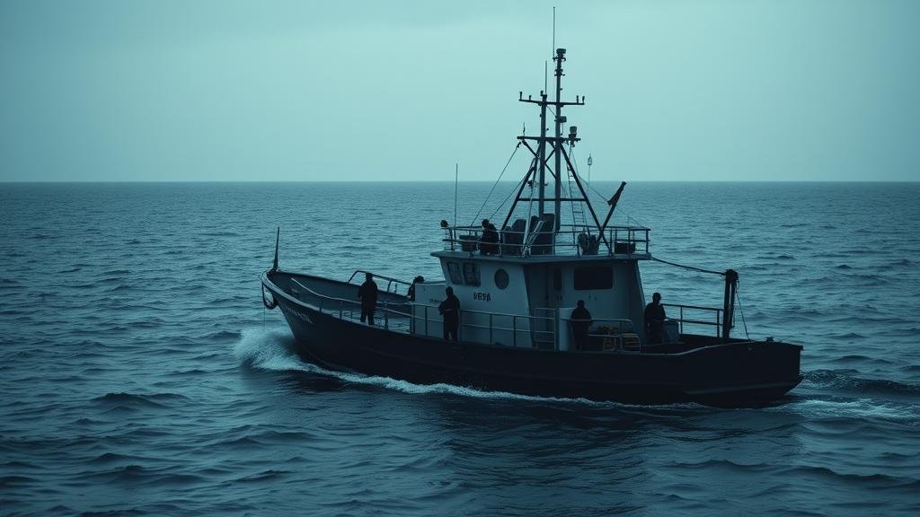 A fishing boat on the open ocean, with workers in silhouette, conveying the harsh and isolating conditions of forced labor at sea. The overall mood should be dark and somber to reflect the grim reality of the tuna supply chain.