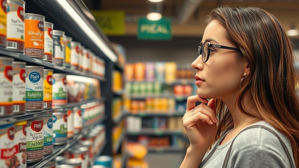 Consumer in a store aisle looking at a tuna can covered in confusing sustainability labels.