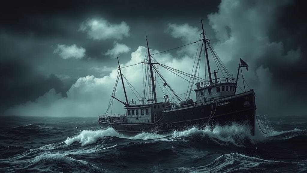 Dark fishing boat on a stormy sea, representing forced labor in the tuna industry.
