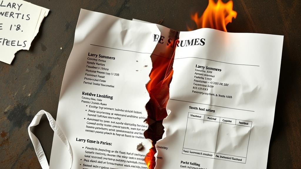 A man's resume and reputation being torn or burned, symbolizing the damage to Larry Summers' career and the fallout from the scandal.