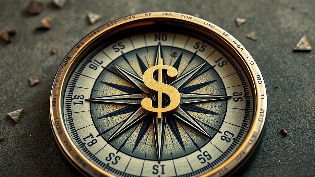 A broken compass with a dollar sign at its center, representing a faulty moral GPS and the influence of money and power in elite circles.