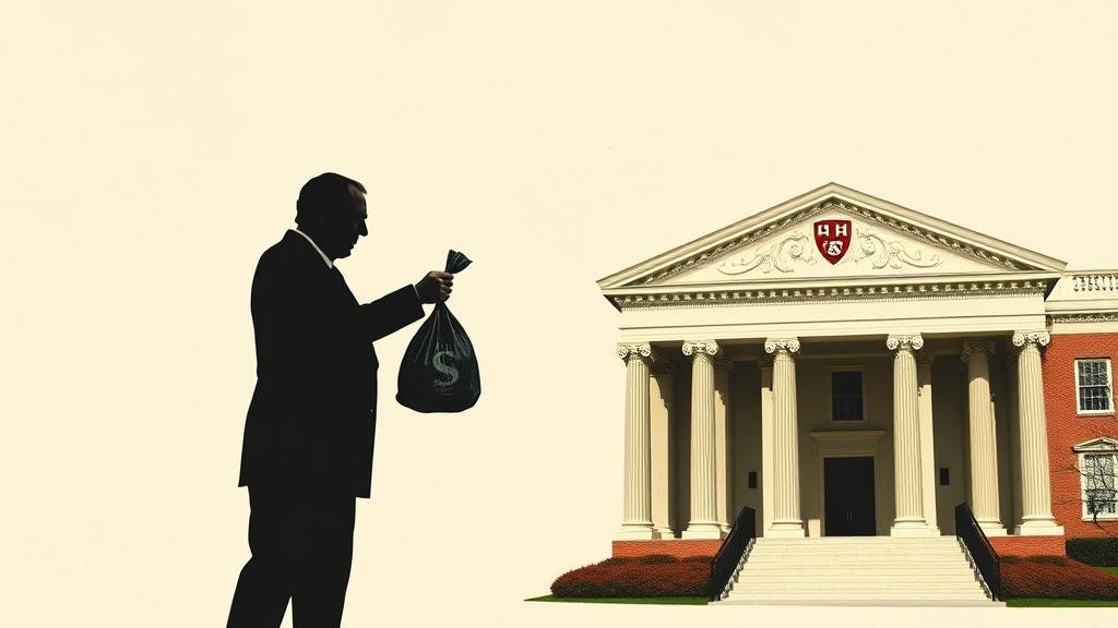 A shadowy figure handing a bag of money to a university building, symbolizing the transactional nature of the relationship between Jeffrey Epstein and Harvard, facilitated by Larry Summers.