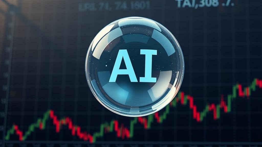 A fragile, shimmering bubble with the letters 'AI' inside, floating precariously over a volatile stock market graph, representing the palpable fears of an impending AI bubble burst.