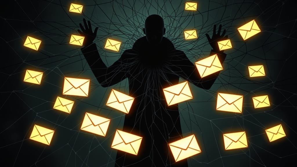 An intricate, dark web of connections being spun by a shadowy figure, Jeffrey Epstein, ensnaring respected institutions like Harvard and powerful individuals, with glowing email icons trapped within the web, symbolizing the damning evidence of his 'reputation laundering' scheme.
