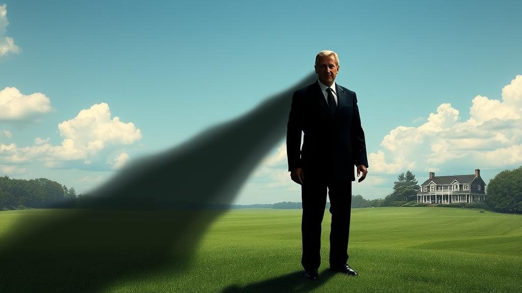 A ghostly apparition of Jeffrey Epstein haunting the pristine landscape of the Hamptons, casting a long, dark shadow over a silhouetted figure of a powerful man, representing the lingering scandal and its impact on the elite.