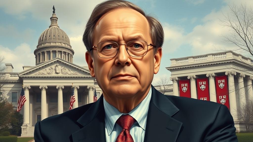 A portrait of a titan of modern economics, Lawrence Summers, depicted at the pinnacle of his power and influence, with symbols of his career like the Treasury Department and Harvard University in the background, exuding an aura of authority and intellectual prowess.