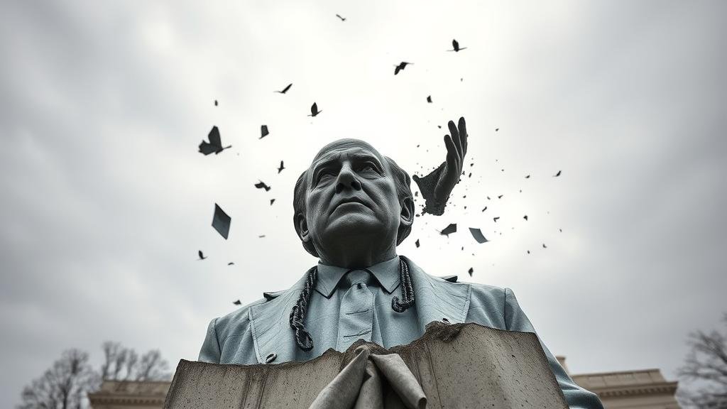 The crumbling statue of a once-respected public figure, Lawrence Summers, symbolizing the swift and severe reputational damage and the erosion of public trust caused by the scandal, illustrating the concept of moral bankruptcy and the fragility of a reputation built without a strong moral foundation.