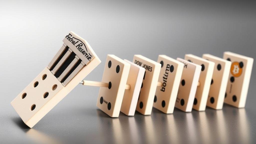 A visual of a domino effect, with the first domino labeled 'Federal Reserve' tipping over and causing a chain reaction of falling dominoes representing different market sectors like 'Tech,' 'Dow Jones,' and 'Bitcoin,' illustrating a widespread market sell-off.