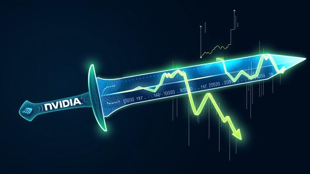 An illustration of a double-edged sword, with one side glowing with the Nvidia logo and the other side showing a downward-trending stock chart, symbolizing the high risk and reward in the AI stock market.