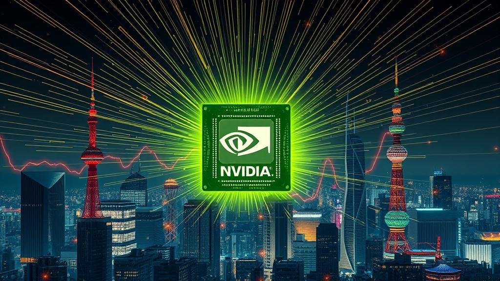 A powerful, glowing NVIDIA AI chip at the center, sending out radiant shockwaves that cause the skylines of major Asian cities (Tokyo, Seoul, Taipei) to rise and glow, symbolizing the market surge following their earnings report.