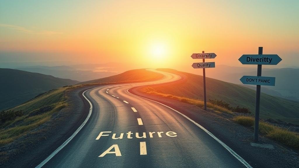 A metaphorical image of a winding, bumpy road labeled 'The Future of AI' leading towards a bright, distant horizon. Along the road, there are signposts with words like 'Diversify,' 'Quality,' and 'Don't Panic,' representing a strategic investment path.
