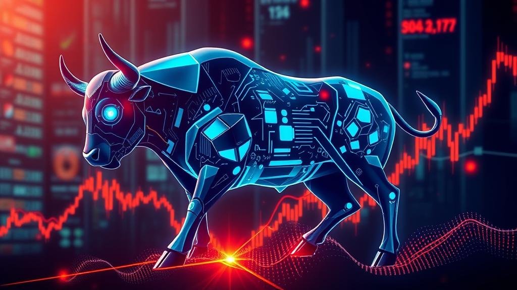 A stylized image of a bull market with an AI-themed twist, symbolizing the rapid rise of tech stocks and the formation of a potential bubble.