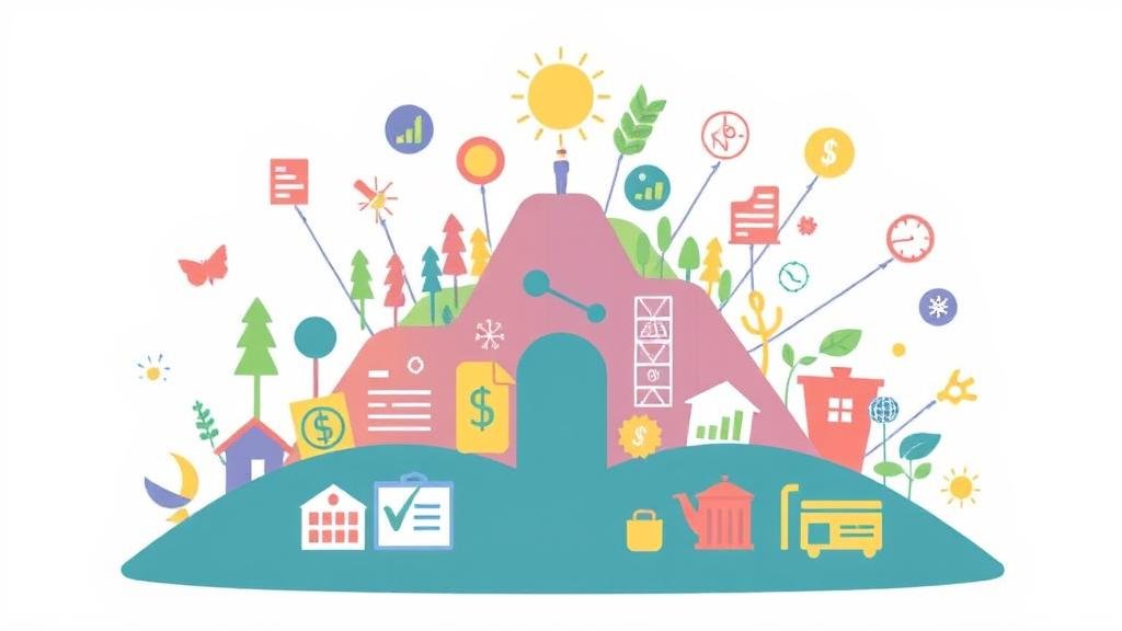 An illustration of a diverse investment portfolio, with various icons representing different sectors, to highlight the importance of diversification as a key investing strategy.