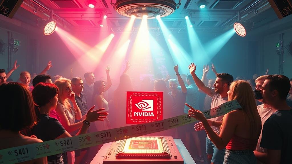 A futuristic party with shocked guests as the lights turn on, with a downward stock ticker tape streamer.