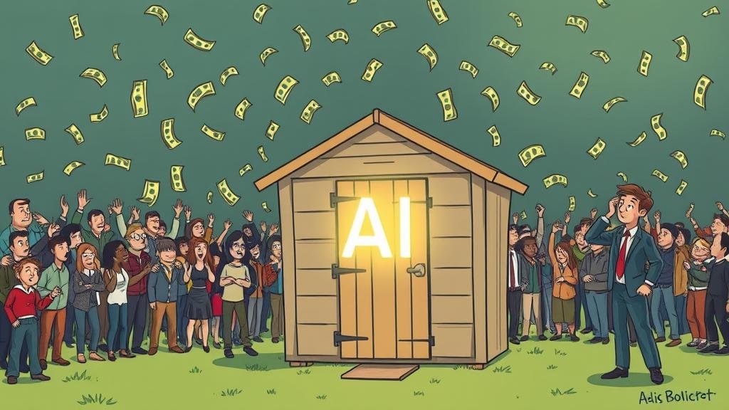 Cartoonish scene of investors throwing money at a simple shed labeled 'AI' sitting on a bubble about to pop.