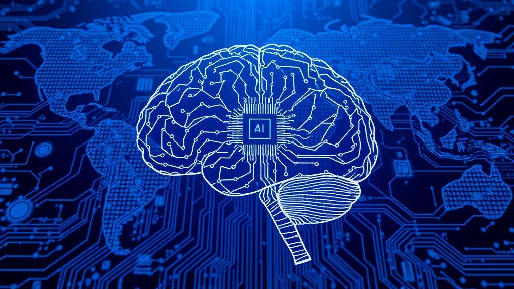A blueprint of a complex AI chip that, when viewed from a distance, forms the shape of a human brain. The background shows a global network of interconnected data centers, illustrating the strong fundamentals and sustained demand fueling the AI market.