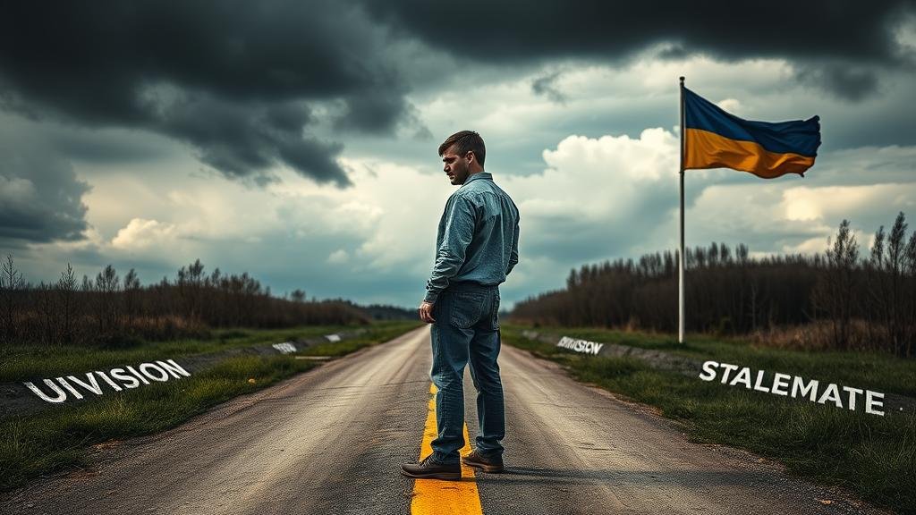 A powerful image of a solitary Ukrainian figure standing at a three-way crossroads under a stormy sky. One path is labeled 'Unity,' another 'Division,' and the third 'Stalemate.' The figure looks towards the viewer with a mix of defiance and sorrow, embodying the message 'nothing about Ukraine without Ukraine.' The Ukrainian flag is visible, tattered but still flying.