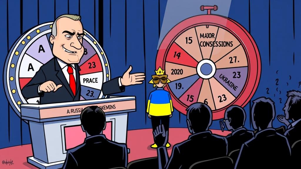 A stylized depiction of a game show titled 'A Deal with the Kremlin'. A smirking host, representing Russia, gestures towards a prize wheel loaded with 'Major Ukrainian Concessions'. A contestant representing Ukraine looks on in horror, while in the audience, shadowy figures representing the US are giving a thumbs-up.