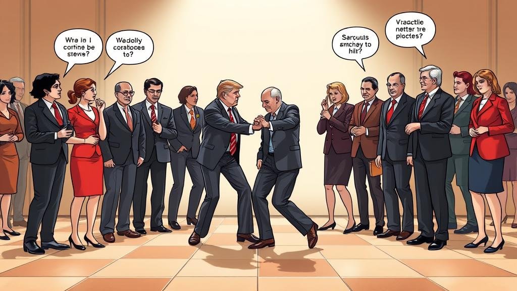 A metaphorical image representing international diplomacy as an awkward dance. In the center, a character representing the US government is doing the Macarena with a character representing Russia, both looking sneaky. Surrounding them, elegantly dressed European diplomats look on, confused and shocked, with one getting accidentally elbowed.