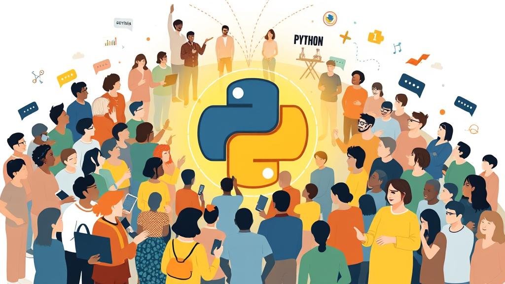 An image depicting a vibrant and supportive community, with diverse people collaborating, learning, and sharing ideas around a glowing Python emblem, symbolizing the extensive support system available to learners.