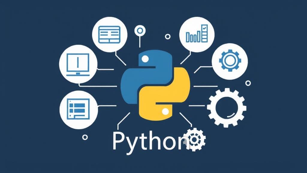 A dynamic graphic showcasing the versatility of Python, with icons representing web development, data science (graphs and charts), and automation (gears and robots) branching out from a central Python logo.