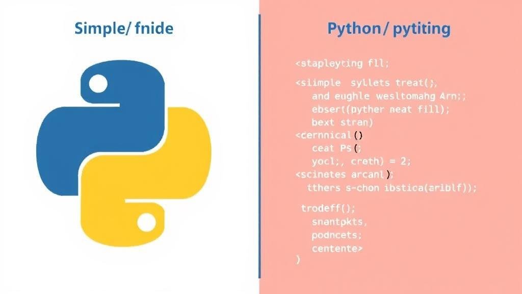 An illustration comparing a simple, readable Python code snippet to a more complex and syntactically heavy snippet from another language, with the Python side appearing clear and inviting.