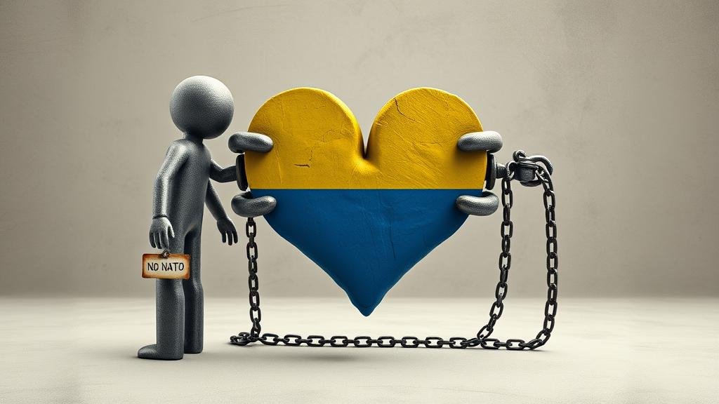 A metaphorical depiction of the 'painful concessions' Ukraine is being forced to make. Ukraine is represented by a figure being forced to give up a piece of its heart-shaped territory, with chains labeled 'No NATO' and 'Military Limits' on its wrists.