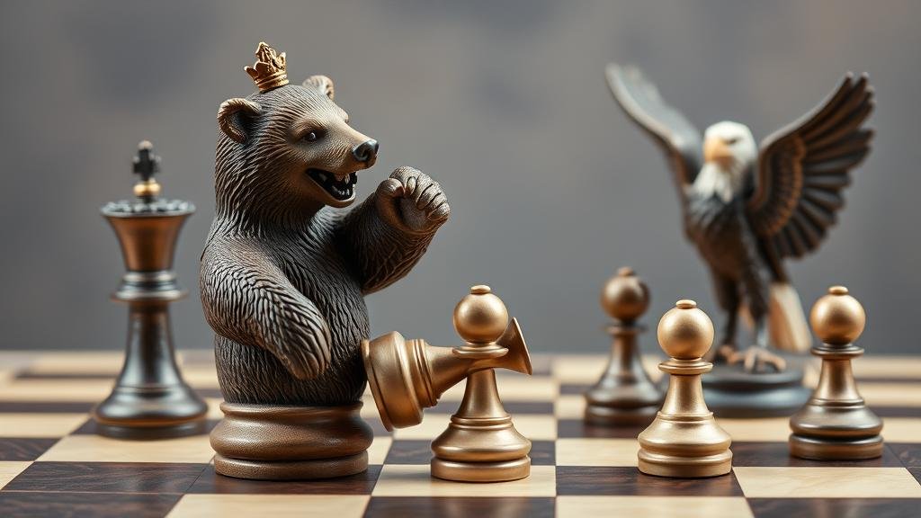A high-stakes geopolitical chess game in motion. A Russian chess piece, shaped like a bear, victoriously knocks over a Ukrainian pawn, while an American eagle piece looks on. This move sends shockwaves across the chessboard, threatening to topple other pieces and representing a dangerous precedent for global stability.