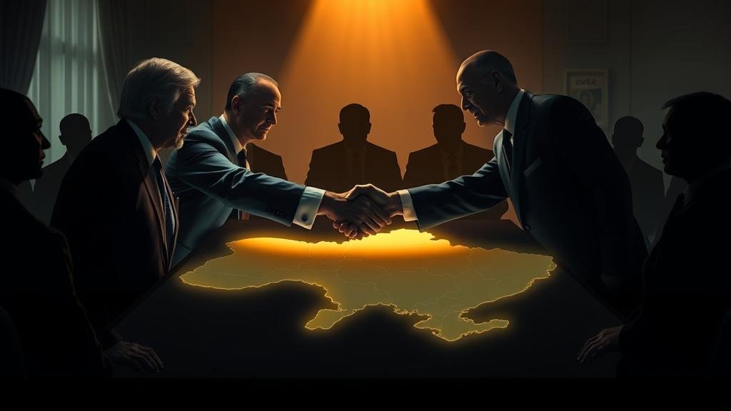 A secretive meeting between American and Russian diplomats shaking hands over a faintly glowing map of Ukraine, while shadowy figures representing European leaders watch in shock from the background, blindsided by the deal.