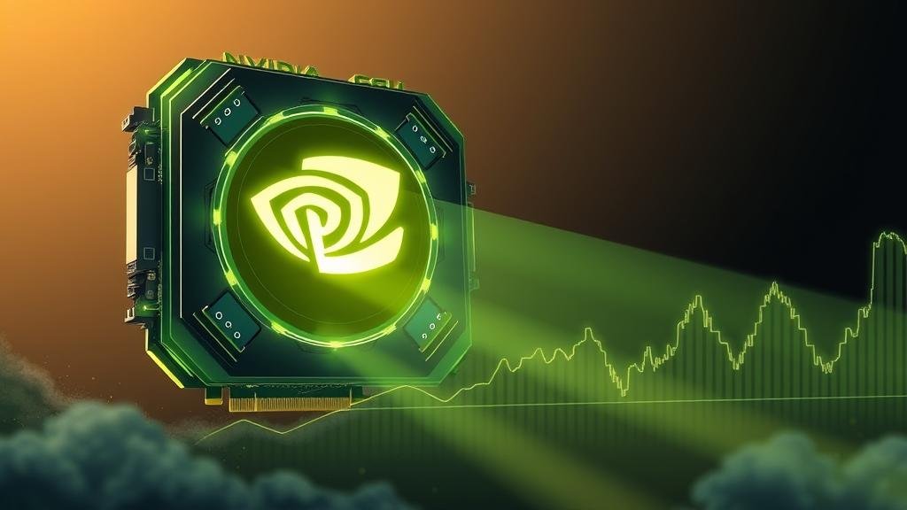 An illustration of a massive, glowing Nvidia GPU chip casting a bearish shadow on a stock market graph, illustrating the Nvidia Paradox where stellar earnings didn't prevent a market downturn.
