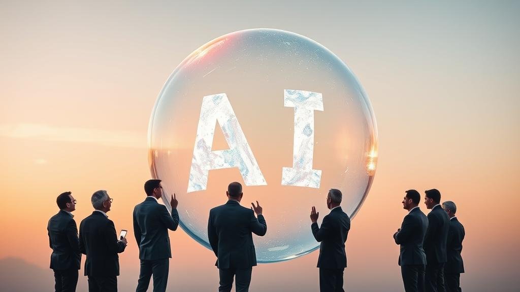 Investors looking closely at a large, fragile soap bubble with 'AI' shimmering on its surface.