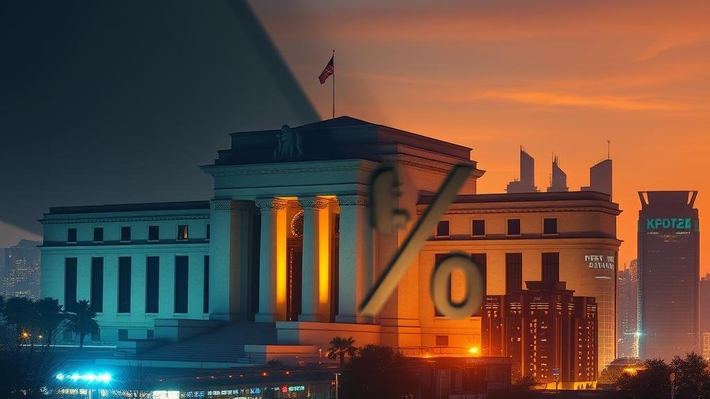 Wall Street bull statue looking nervous at a cracked stock ticker with 'AI' glowing on it.