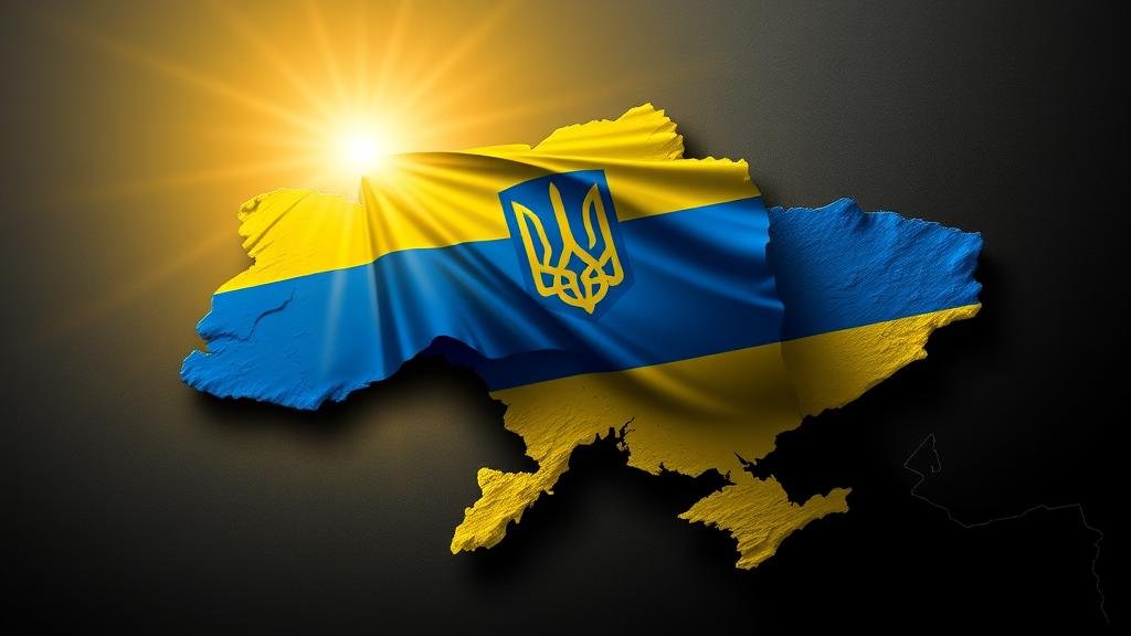 A powerful image of the Ukrainian flag planted firmly on a stylized map of Ukraine, including the Donbas and Crimea, illuminated by a rising sun symbolizing hope and resilience.
