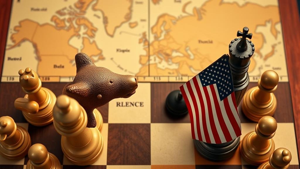 A high-angle shot of a high-stakes chess game on a world map board, representing transactional diplomacy between a Russian bear king piece and an American flag king piece.