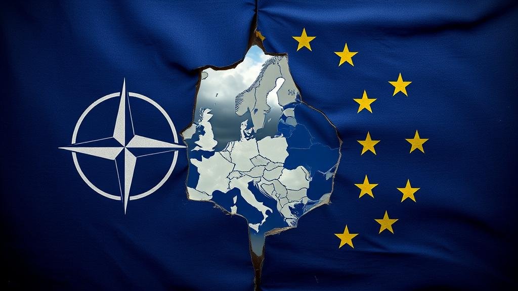 A symbolic image of a cracked and crumbling NATO-EU combined flag, with storm clouds gathering over a map of Europe visible through the cracks.