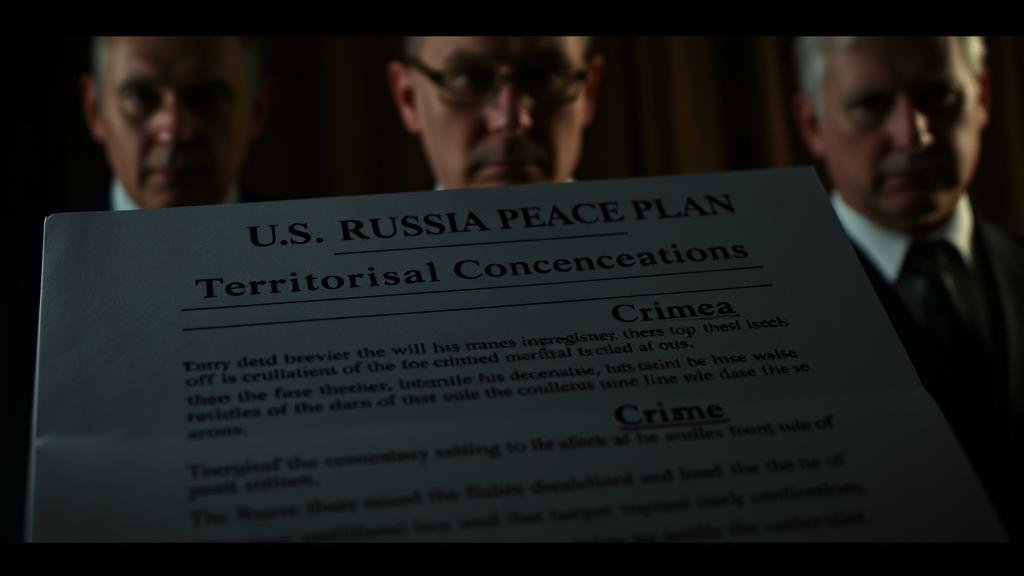 A dramatic, cinematic shot of a top-secret document titled 'US-Russia Peace Plan' being leaked, with glowing text creating a sense of intrigue.