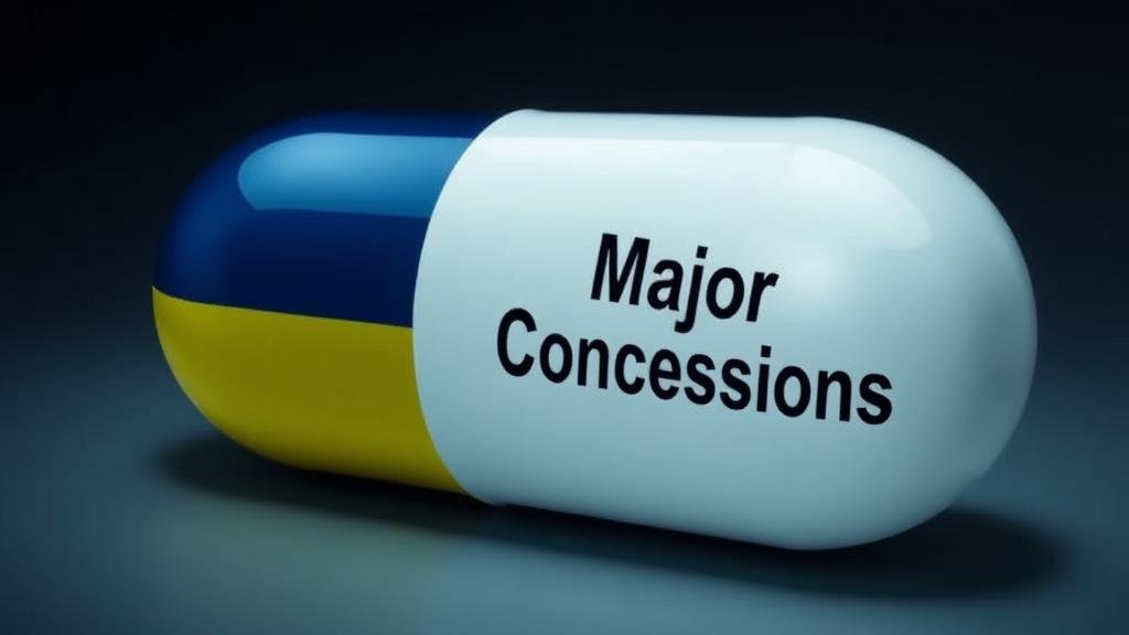 A symbolic image of a giant, bitter pill labeled 'Major Concessions' being offered to Ukraine, representing the difficult terms of the proposed peace deal.