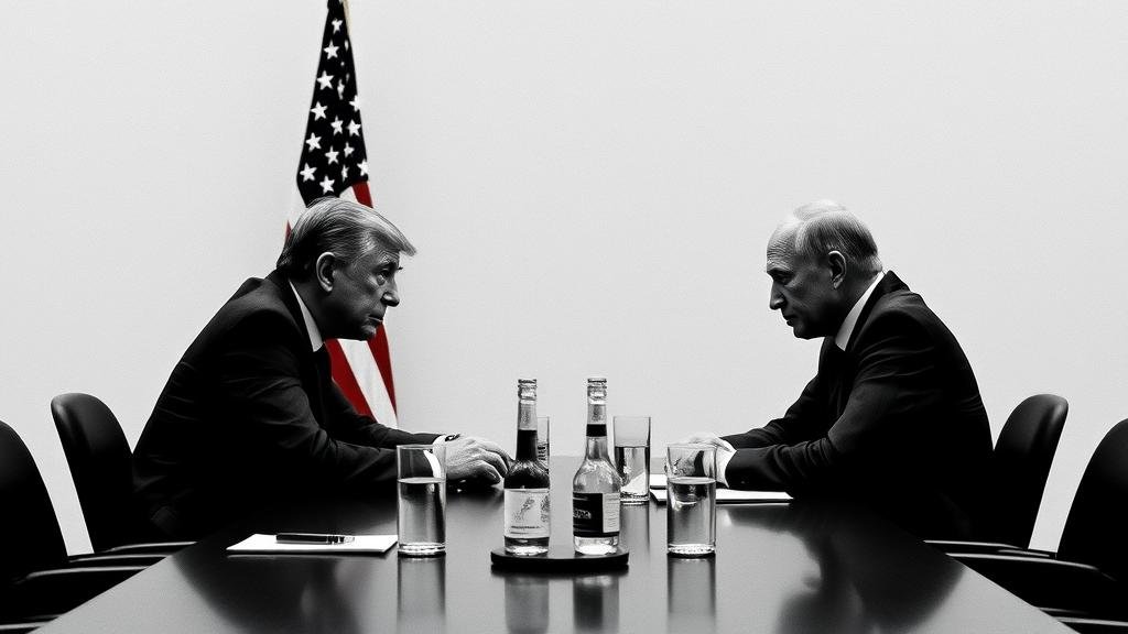 A clandestine meeting between American and Russian diplomats, symbolizing the secret peace deal being drafted without European involvement.
