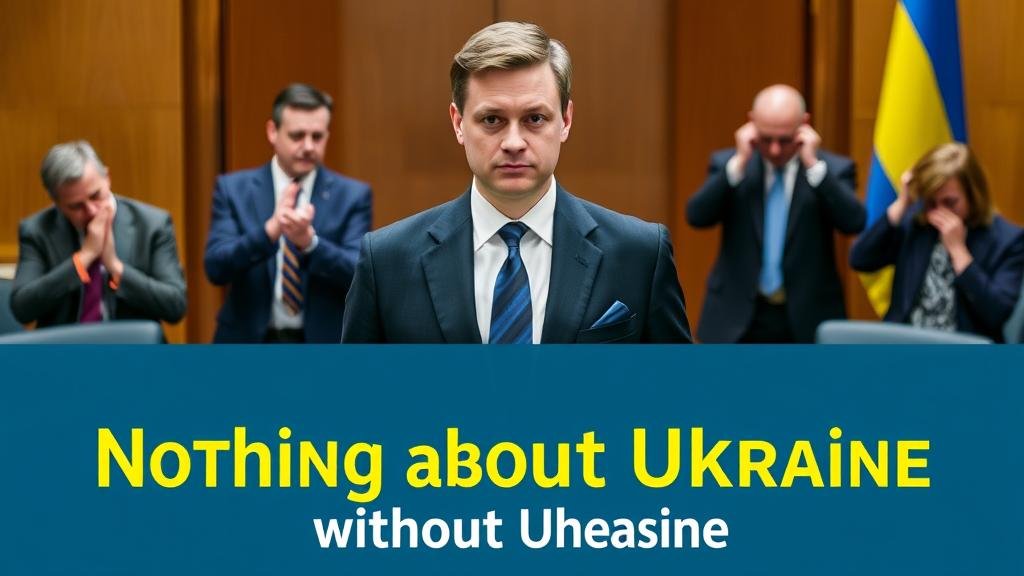 Ukrainian President Zelenskyy standing firm and central, with the principle 'Nothing about Ukraine, without Ukraine' prominently displayed, while other diplomats scramble in the background, signifying Ukraine's crucial role in its own future.