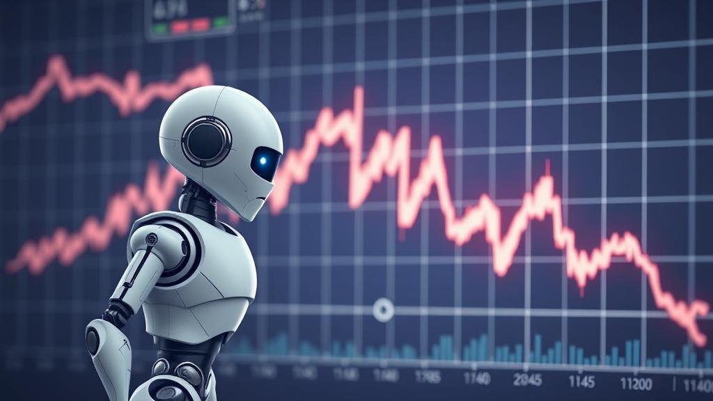 A dramatic stock market chart showing a sharp decline, with a stylized, sleek robot looking worriedly at the graph, symbolizing the AI stock market crash.