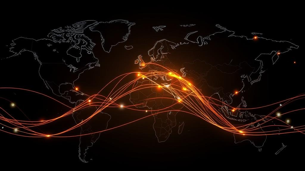 A world map with glowing interconnected lines. A wave or ripple starts from the United States and spreads outwards to Europe and Asia, illustrating the global financial impact of the US tech sell-off.