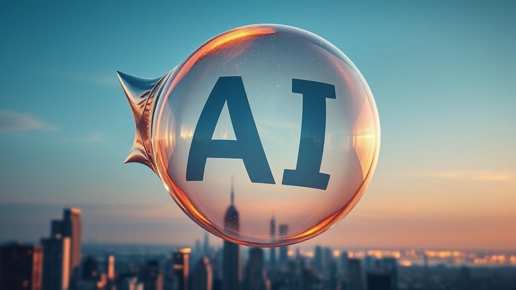 A large, shimmering bubble with the letters 'AI' inside, floating over a cityscape. The bubble is just beginning to pop, representing the bursting of the AI stock bubble and a market correction.