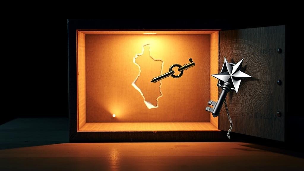 A mysterious, slightly open box glowing from within, with symbols representing land, a broken NATO chain, and a key for sanctions relief floating out.
