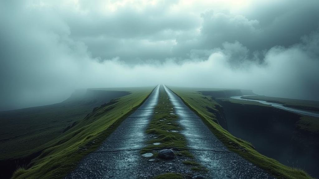 A crossroads with three misty paths representing uncertain futures for the Western alliance.