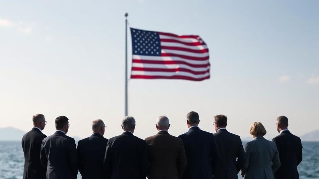 Silhouetted European leaders standing together, looking across water towards a distant American flag, conveying unity and concern.