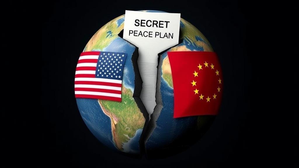 A stylized image of a cracked earth with the American flag on one side and European flags on the other, representing the diplomatic fissure. The crack could emanate from a document labeled 'Secret Peace Plan.'