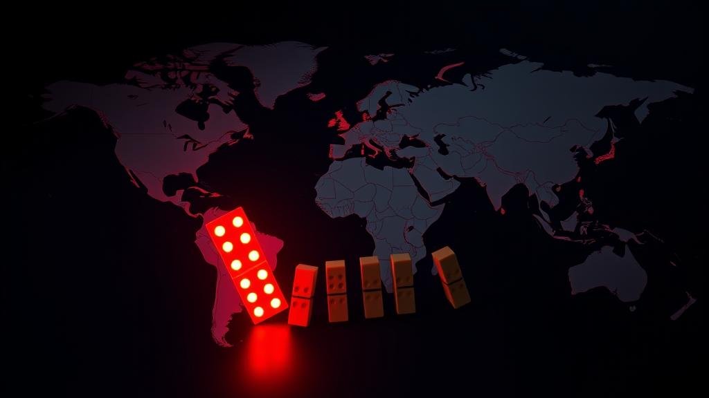 A world map showing a falling domino in North America triggering a chain reaction across Asia and Europe, representing global financial contagion.