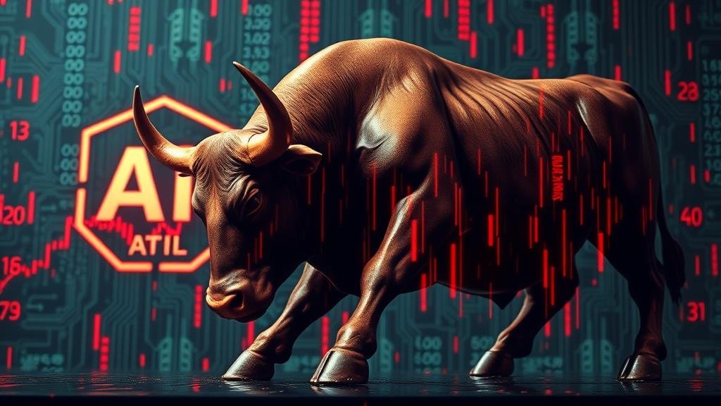 The Wall Street bull with its head down amidst falling red stock tickers and a dimming AI logo, symbolizing a tech-led downturn.